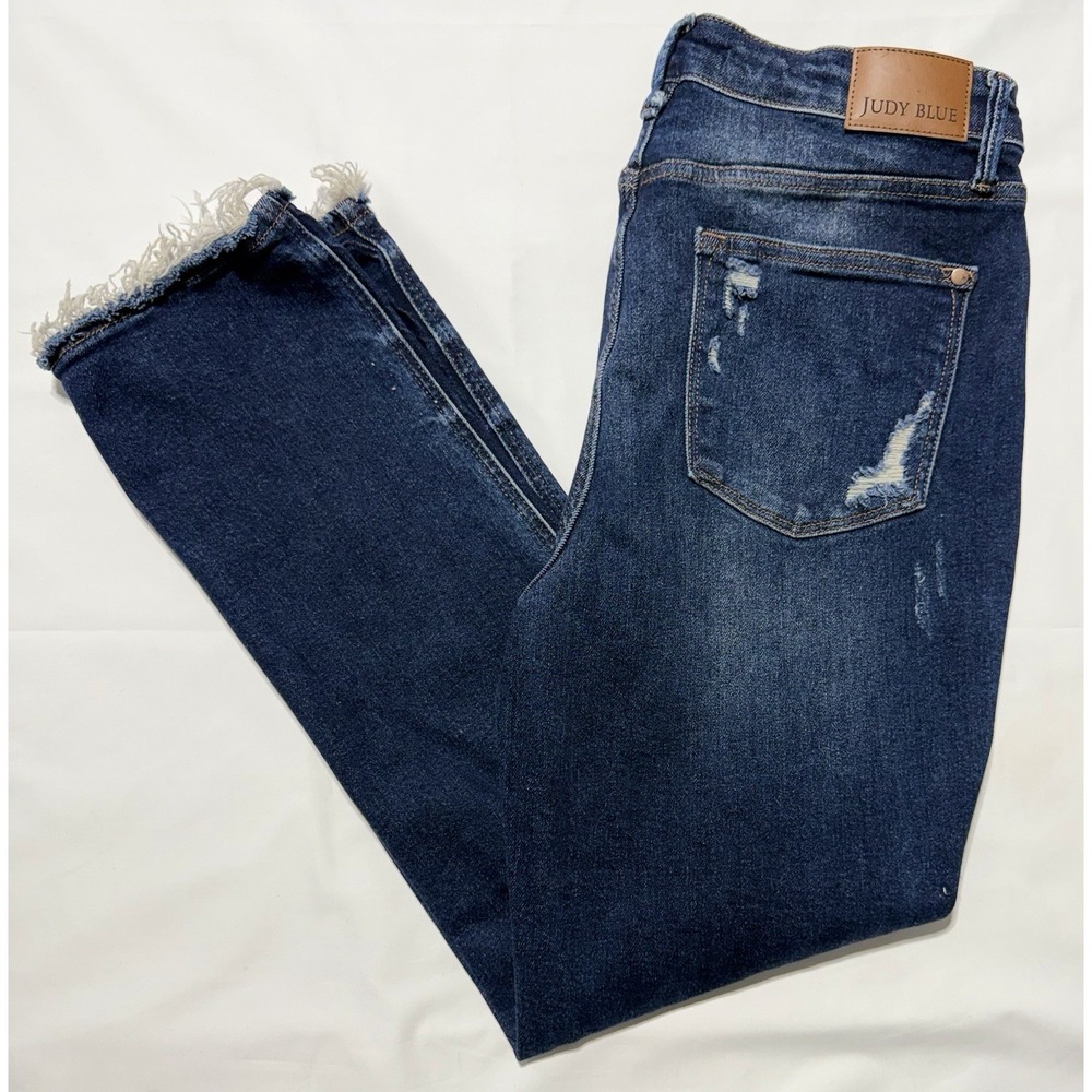 Judy Blue Dark Wash Distressed Frayed Hem Straight Fit Jeans (Size 11/30)